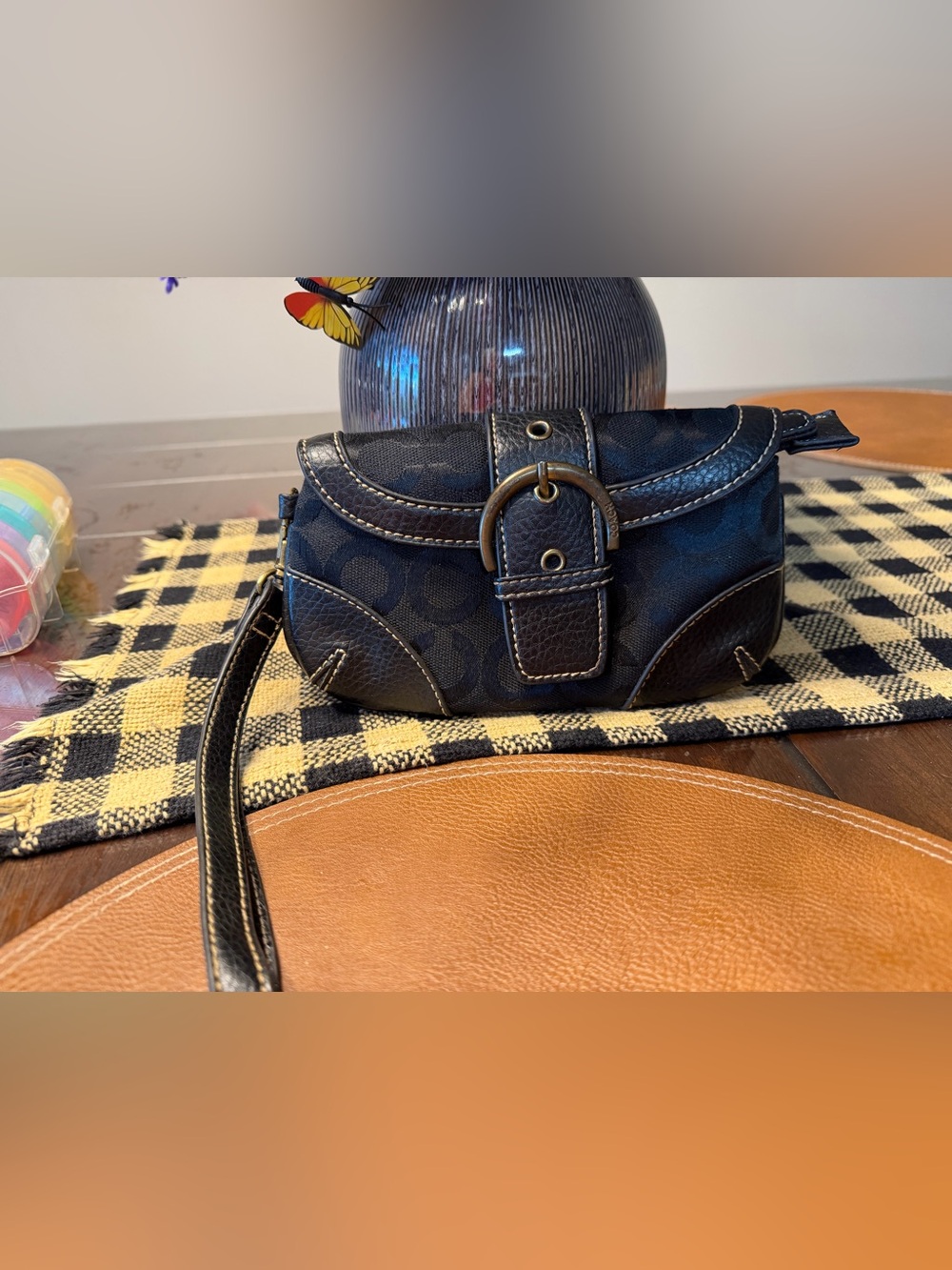 Unbranded Black Signature Pattern Leather-Trim Wristlet